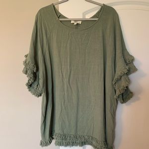 Umgee Green Ruffle Sleeve Fringe Top